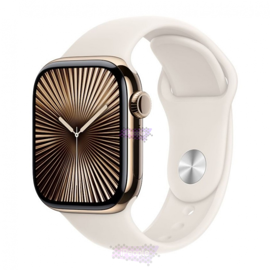 Фото Купить Apple Watch Series 10 <br>42 мм Titanium «Gold» Спортивный ремешок S/M «Starlight» GPS + Cellular по низкой цене в Москве